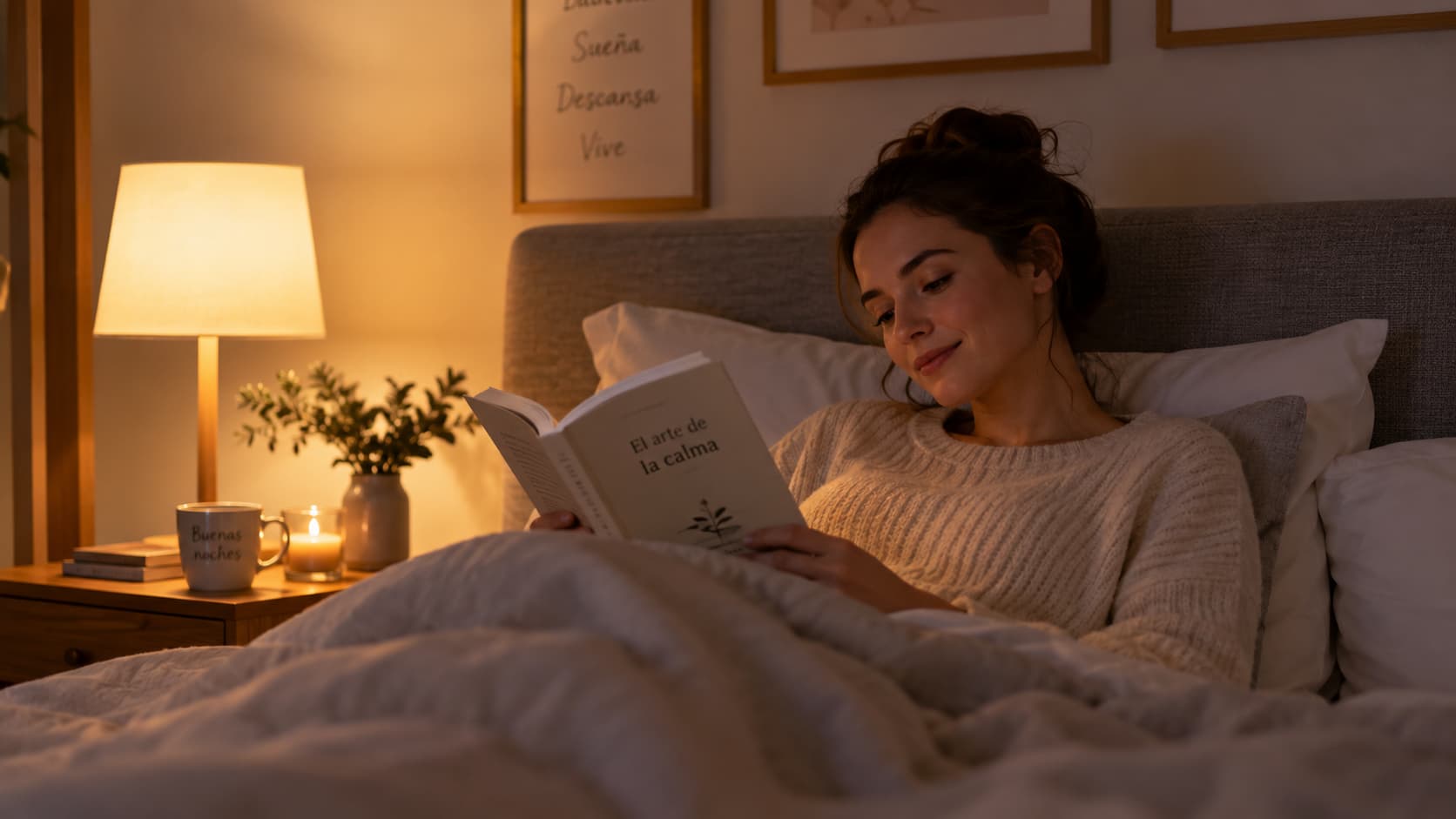 Mujer despierta leyendo en la cama de noche a la luz de una lámpara