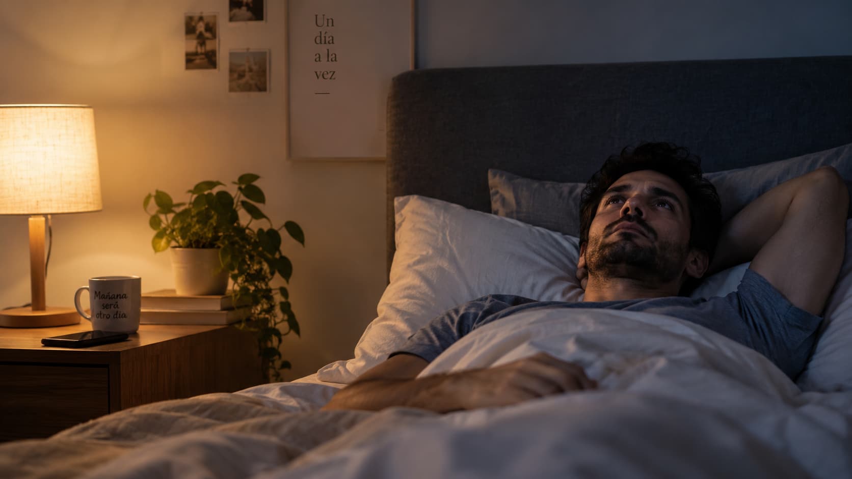 Hombre tumbado en la cama con los ojos abiertos sin poder dormir