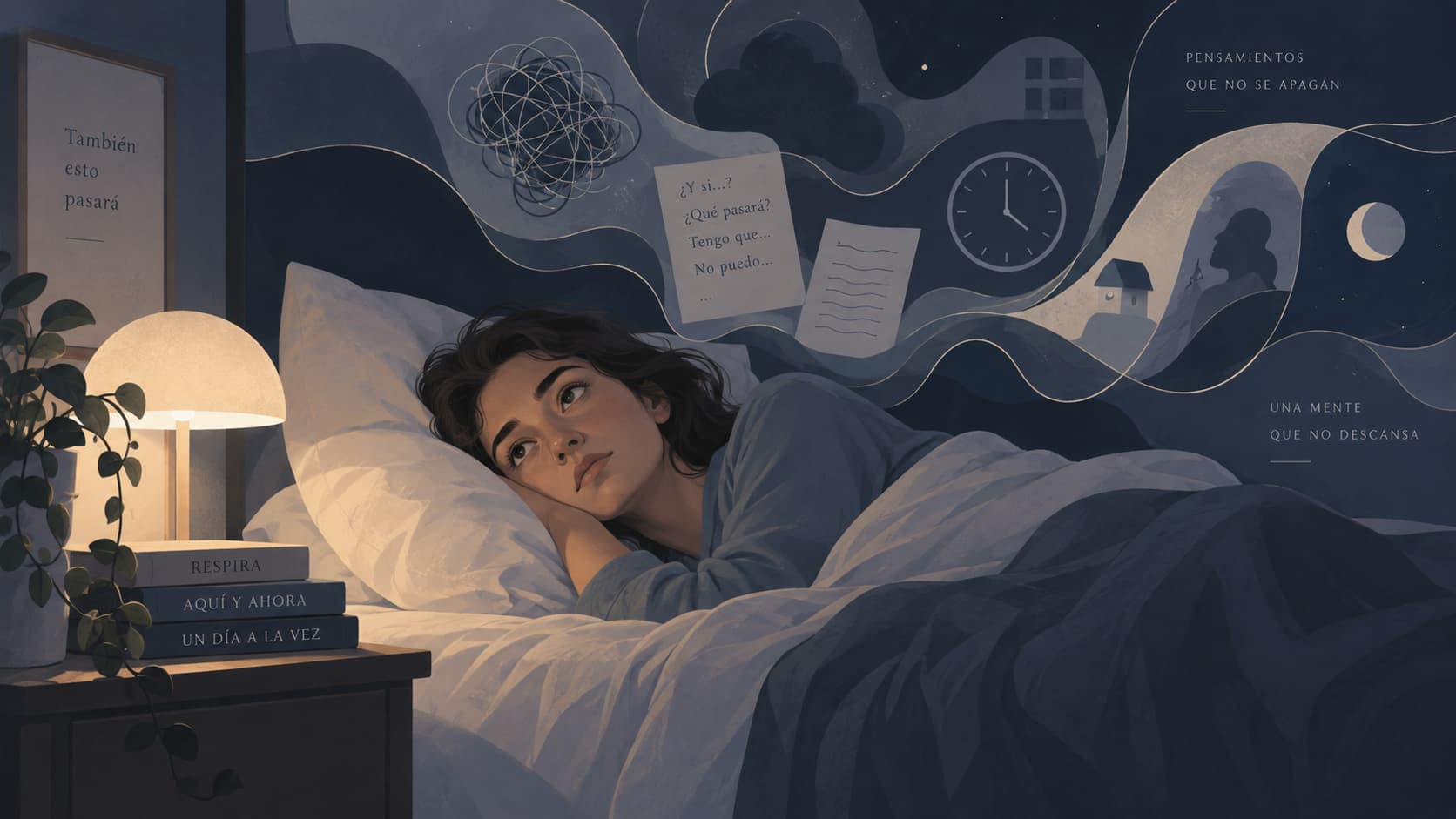 Mujer despierta en la cama por la noche con ansiedad nocturna y dificultad para dormir