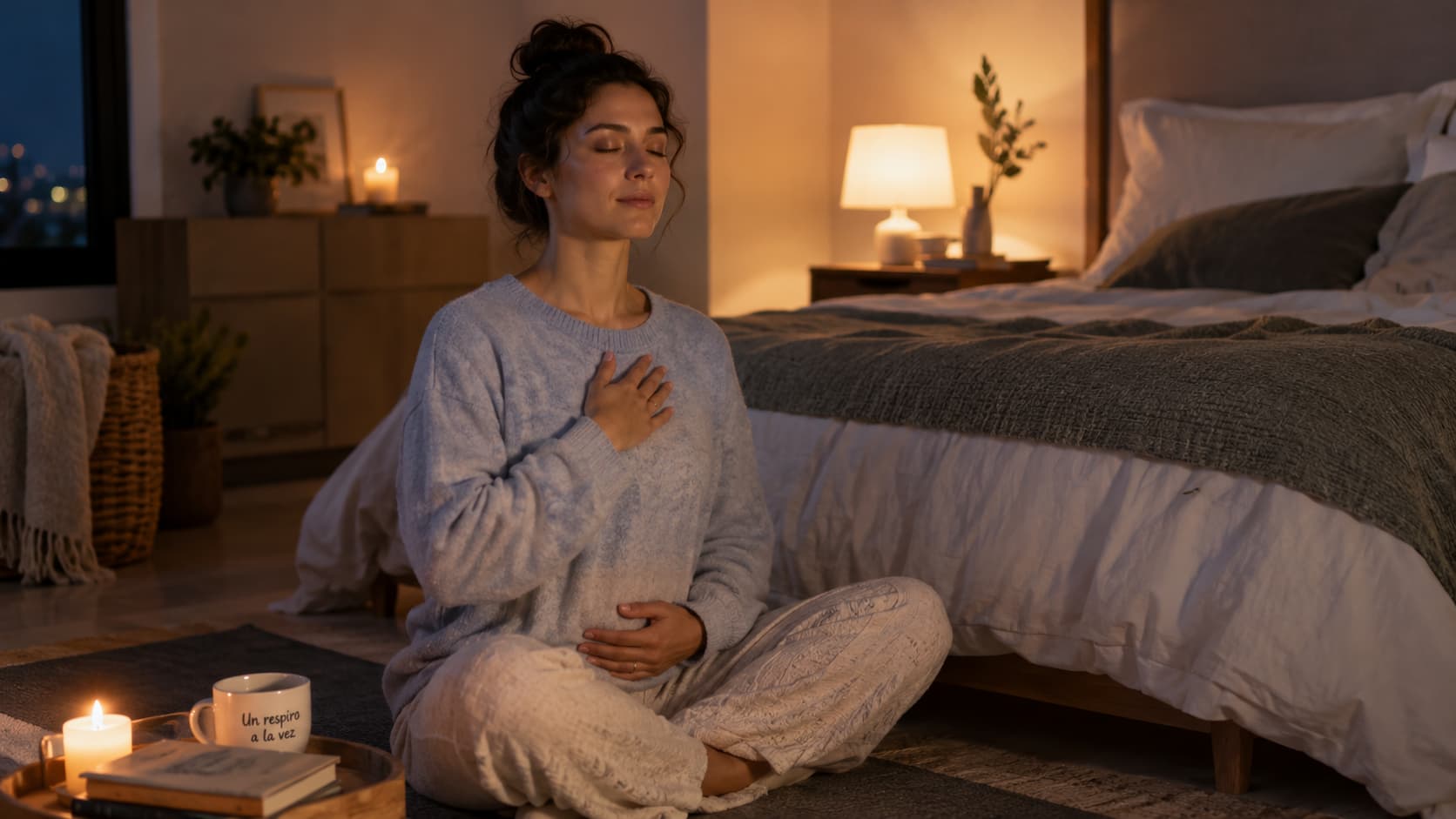 Mujer practicando respiración consciente sentada en el suelo de su dormitorio por la noche