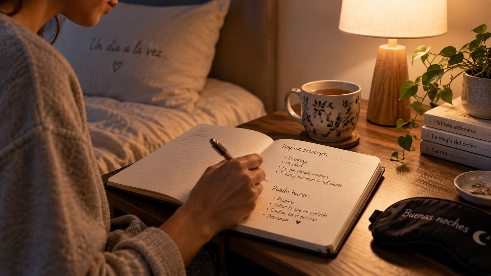 Mujer escribiendo sus preocupaciones en una libreta junto a la mesilla antes de dormir