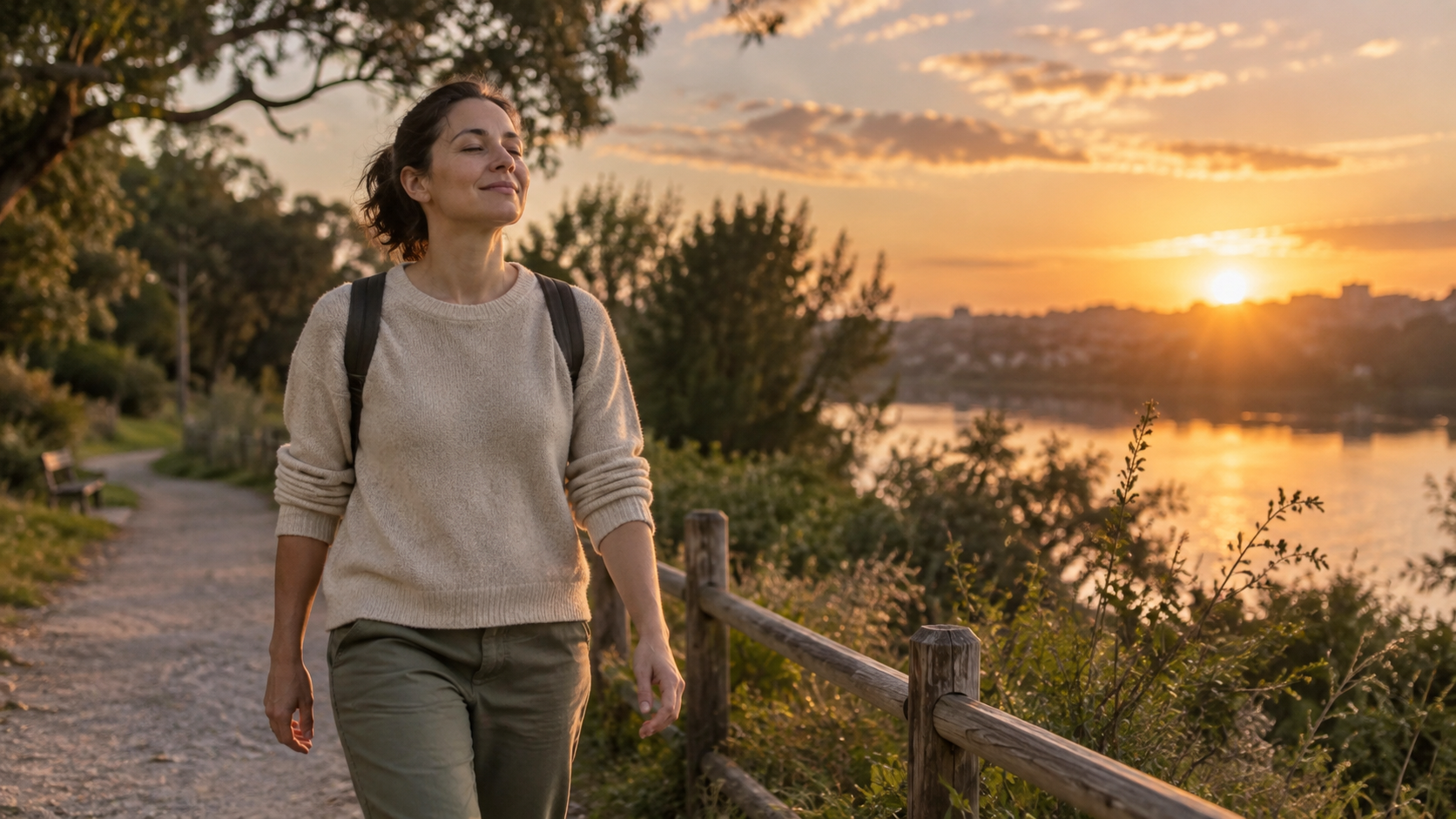 Mujer paseando por un sendero junto al río al atardecer