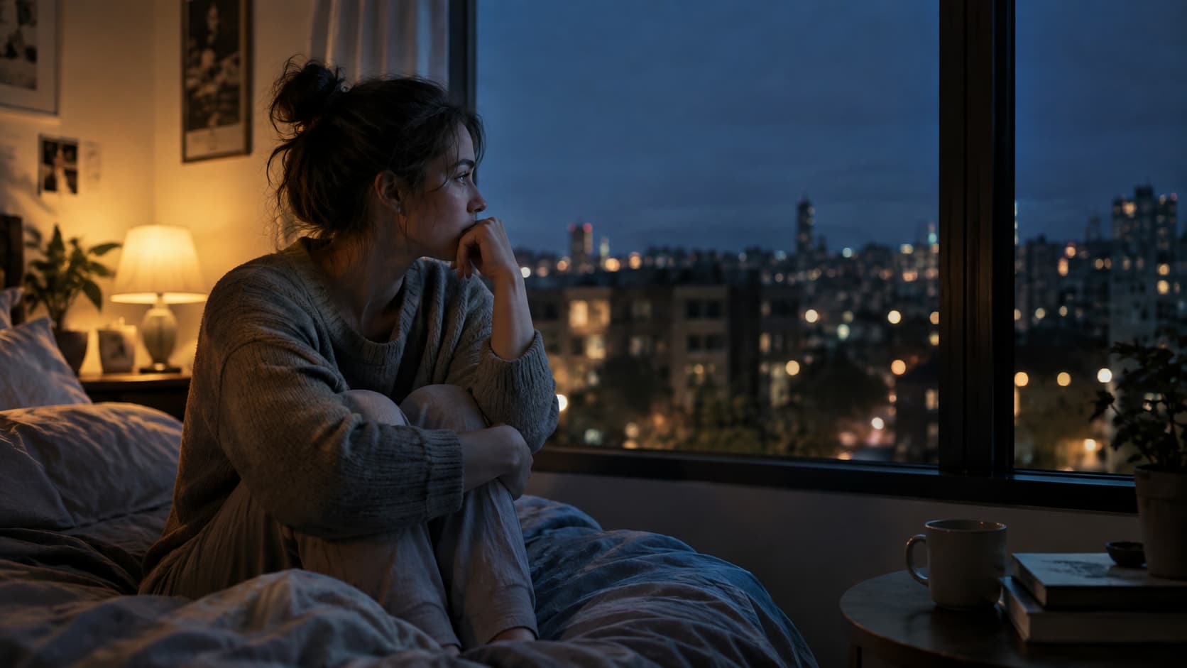 Mujer sentada en la cama de madrugada mirando por la ventana de la ciudad