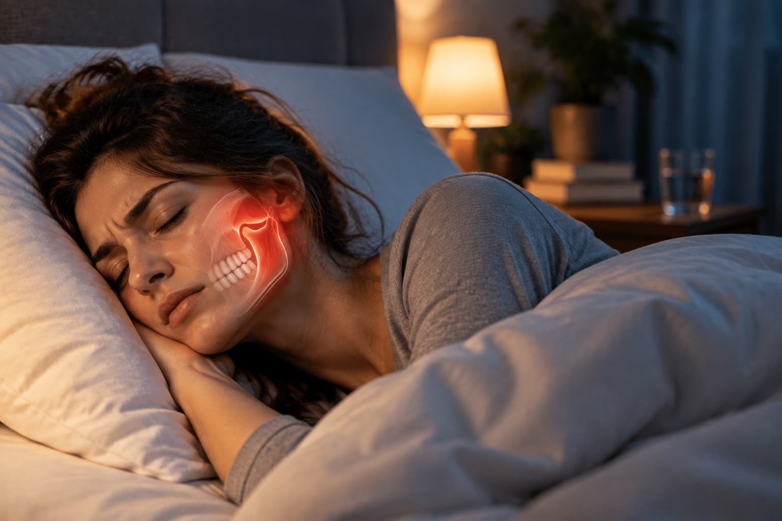 Mujer dormida con dolor en la mandíbula por bruxismo nocturno