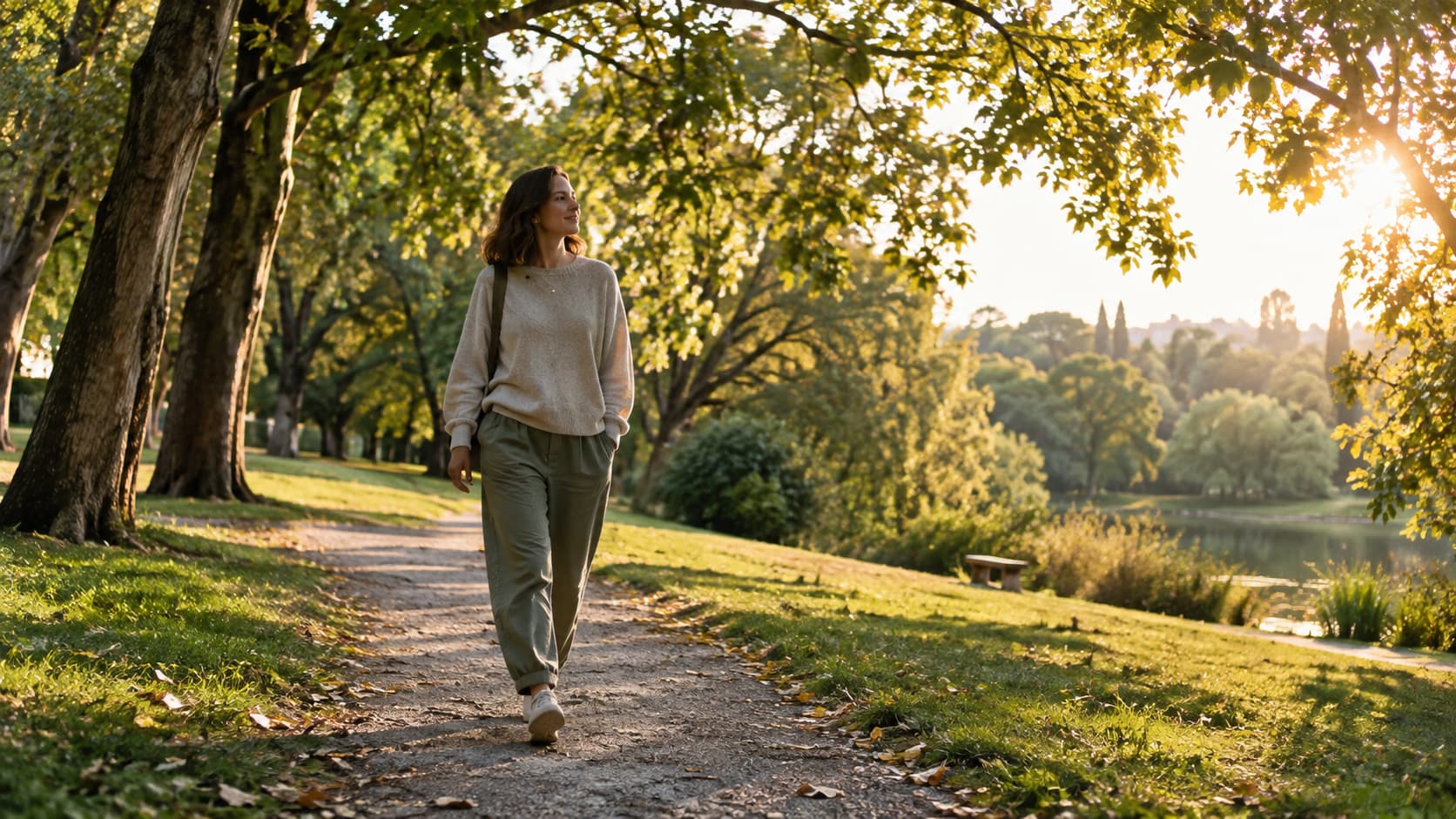 Mujer caminando por un parque arbolado en una tarde luminosa